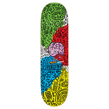 A skateboard deck covered in hand-drawn doodles over green, red, blue and yellow color blocks, with a smiling cartoon brain riding a skateboard in the center above the word NEURO.