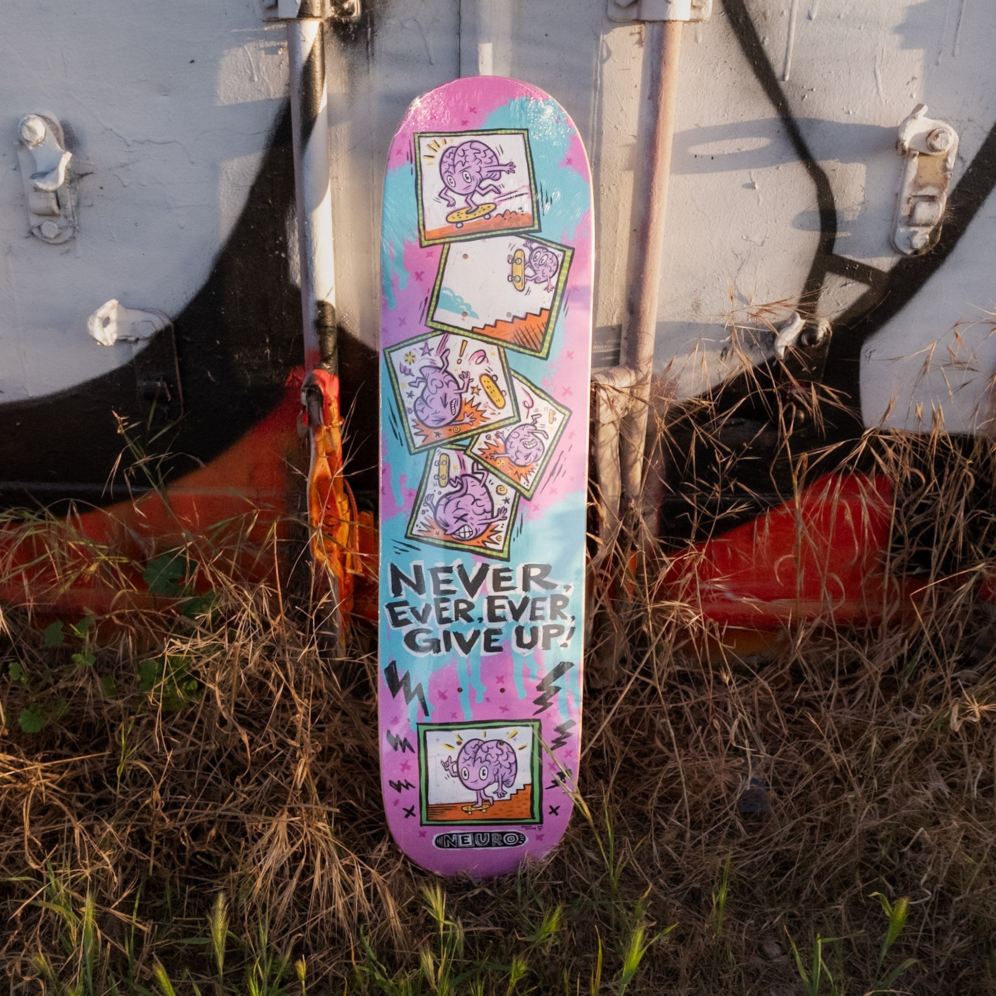 Colorful skateboard deck with motivational text on a grassy background