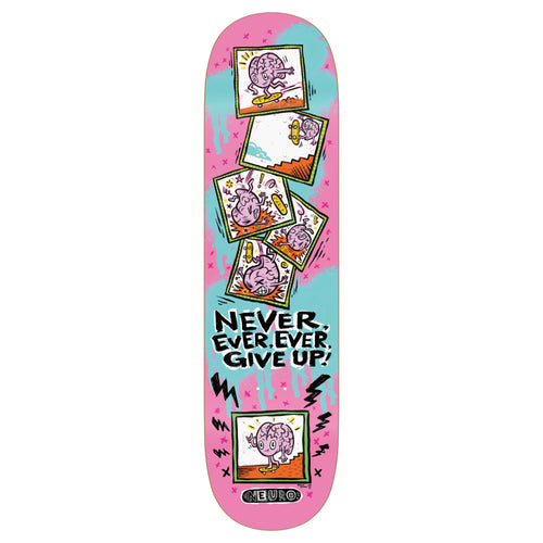 A skateboard deck with a pink and light blue graphic design featuring cartoon brain illustrations, lightning bolts, and the text NEVER, EVER, EVER, GIVE UP!