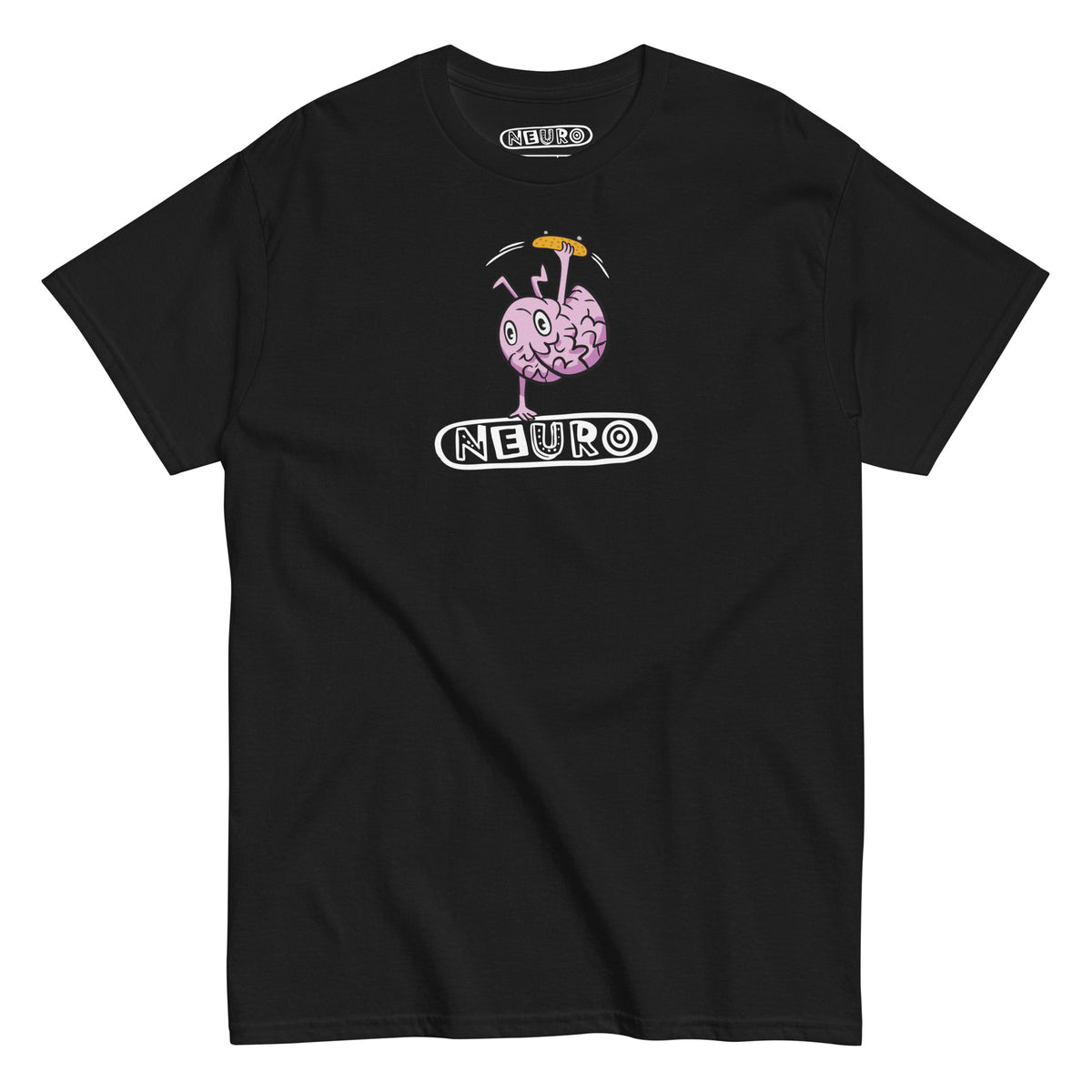 Adult Neuro Handstand tee in black, front view with the Neuro handstand brain graphic on the chest