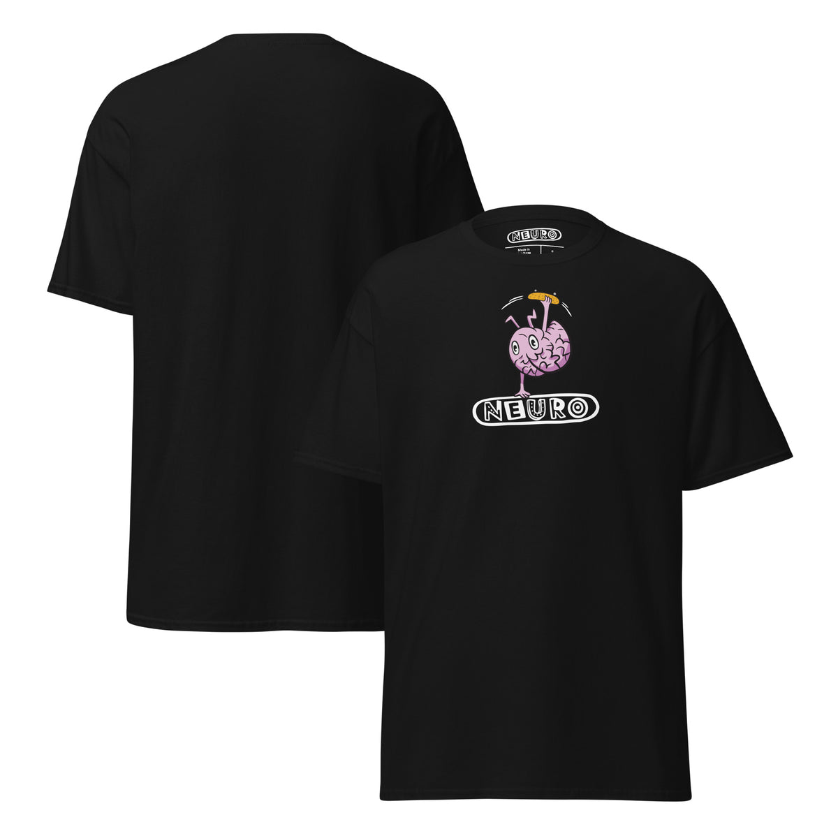 Adult Neuro Handstand tee in black, front and back views side by side
