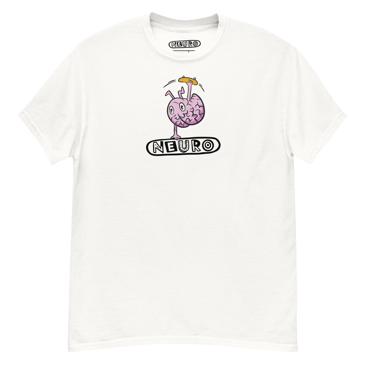 Adult Neuro Handstand tee in white, front view with the Neuro handstand brain graphic on the chest
