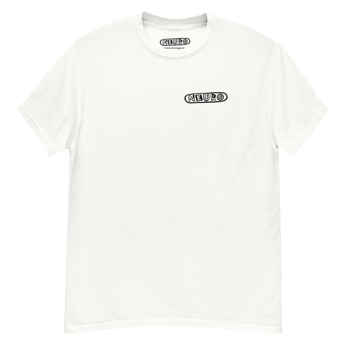Adult Neuro Logo tee in white, front view with the Neuro logo on the left chest