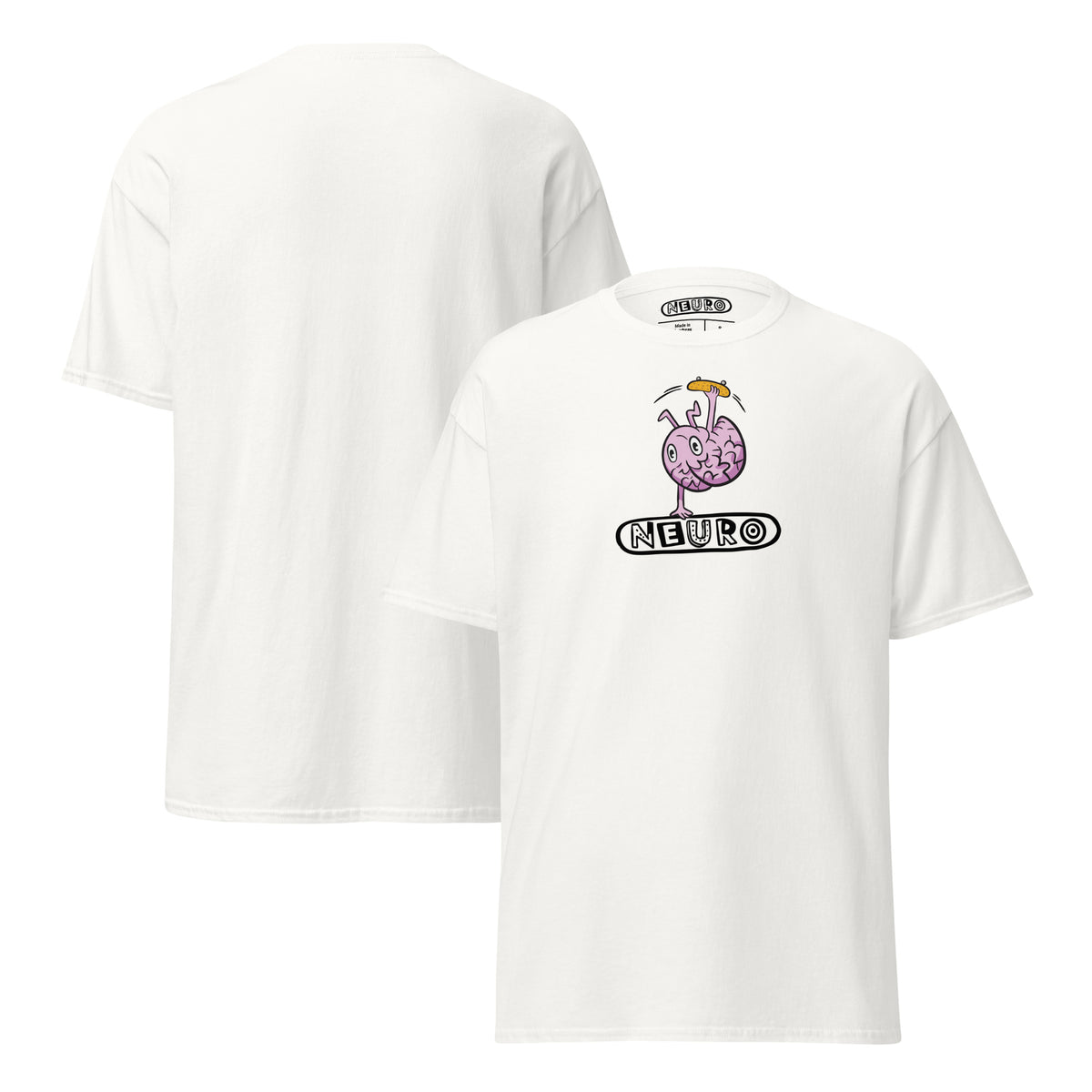 Adult Neuro Handstand tee in white, front and back views side by side