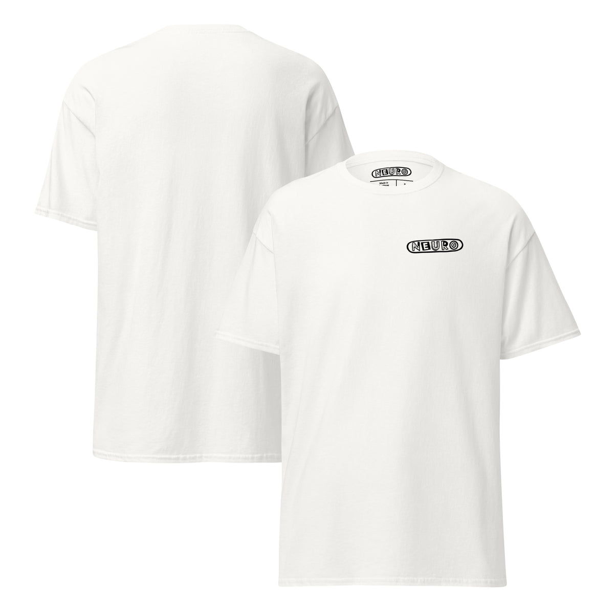 Adult Neuro Logo tee in white, front and back views side by side