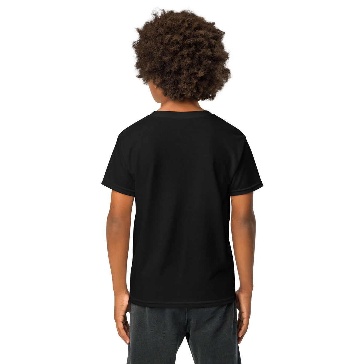 Child wearing the black Youth Neuro Logo tee, seen from the back