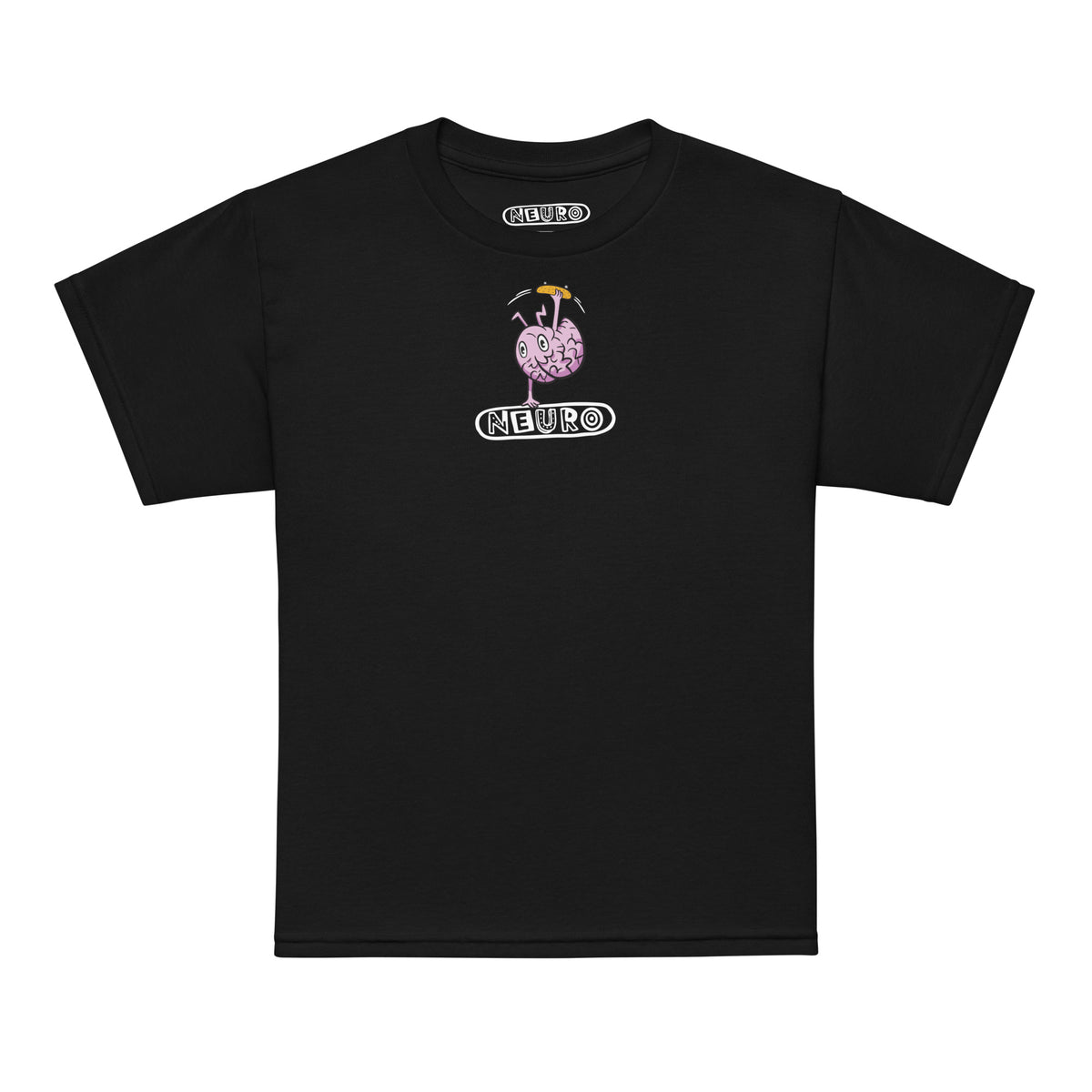 Youth Neuro Handstand tee in black, front view with the Neuro handstand brain graphic on the chest