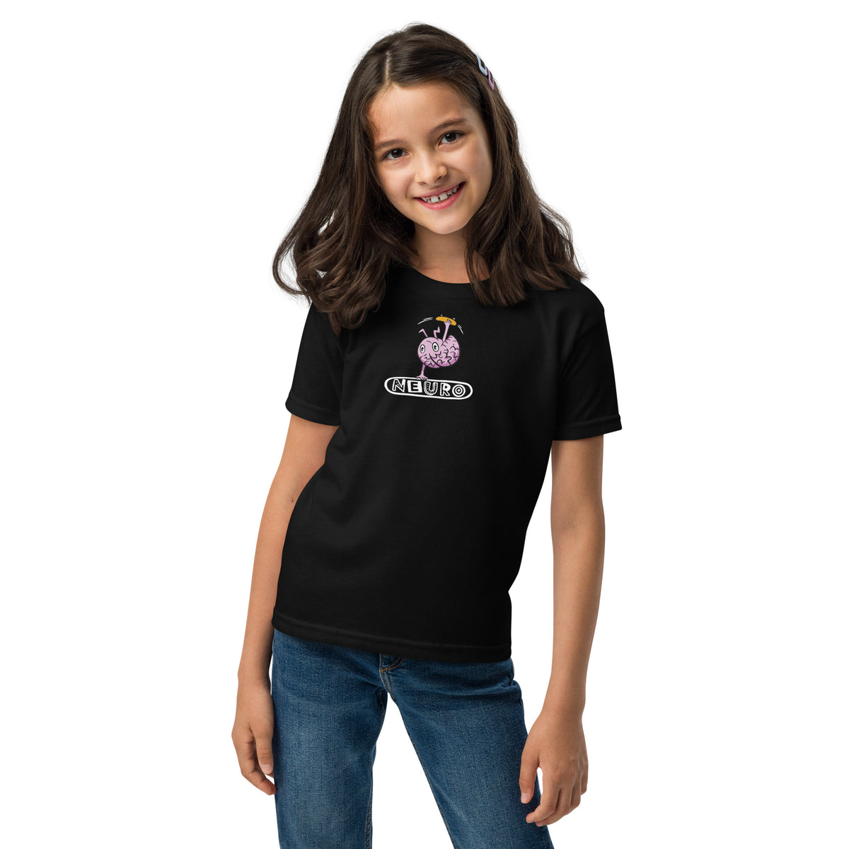 Child wearing the black Youth Neuro Handstand tee, front view