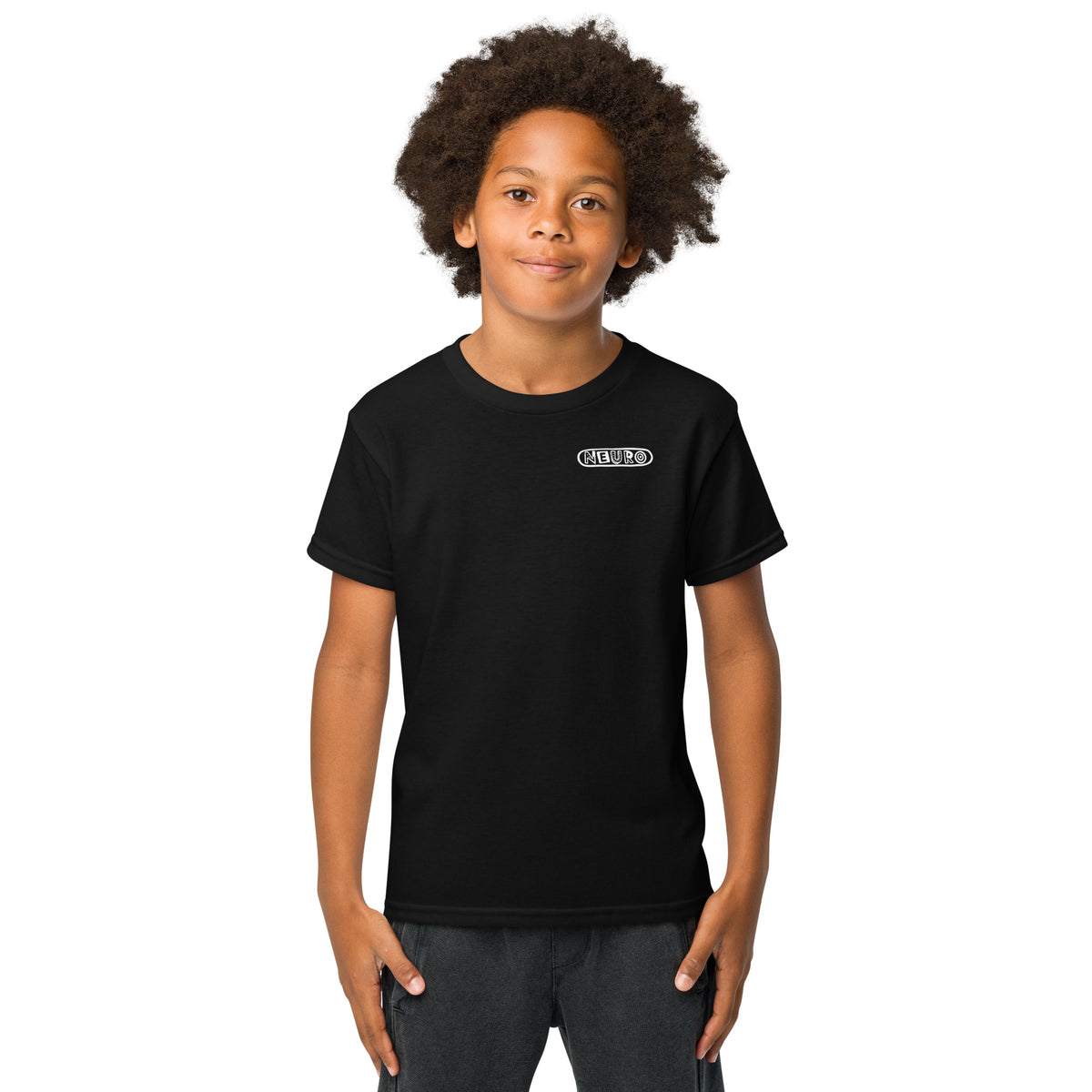 Child wearing the black Youth Neuro Logo tee, front view