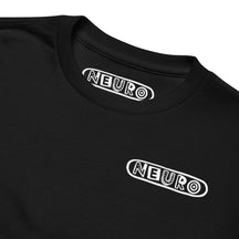 Close-up of the Neuro logo printed on the black youth tee, with the collar label above