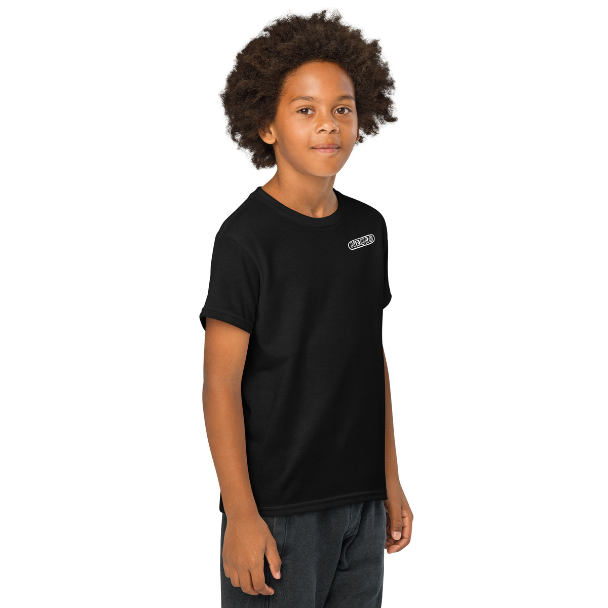 Child wearing the black Youth Neuro Logo tee, turned three quarters to the right