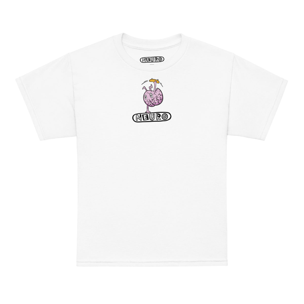 Youth Neuro Handstand tee in white, front view with the Neuro handstand brain graphic on the chest