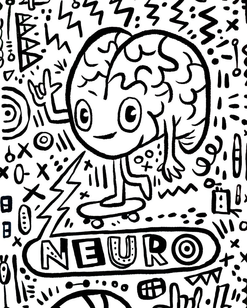 Preview of the Neuro coloring sheet: a brain-headed character skateboarding, surrounded by hand-drawn doodles.